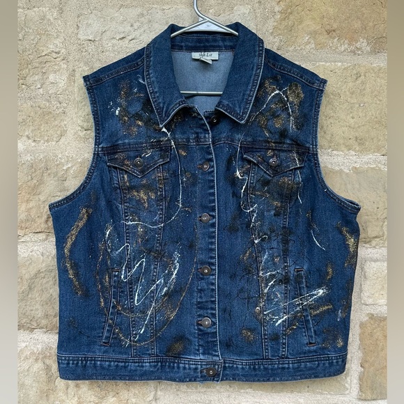 Style & Co. Blue Denim Vest with Artistic Accents - Picture 1 of 5